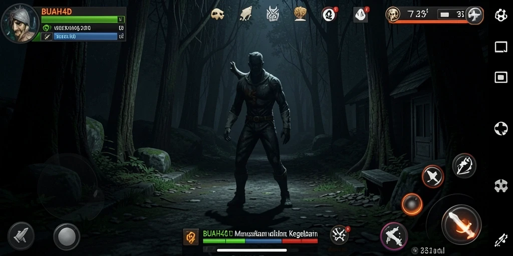 Tampilan gameplay BUAH4D dengan suasana mencekam dan makhluk menyeramkan.