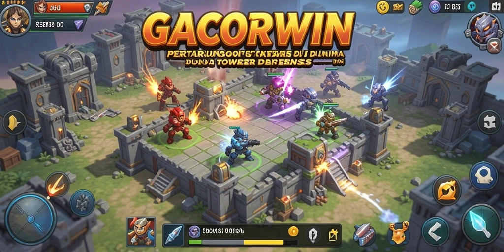 Screenshot dari gameplay GACORWIN yang menunjukkan pertahanan menara yang strategis.