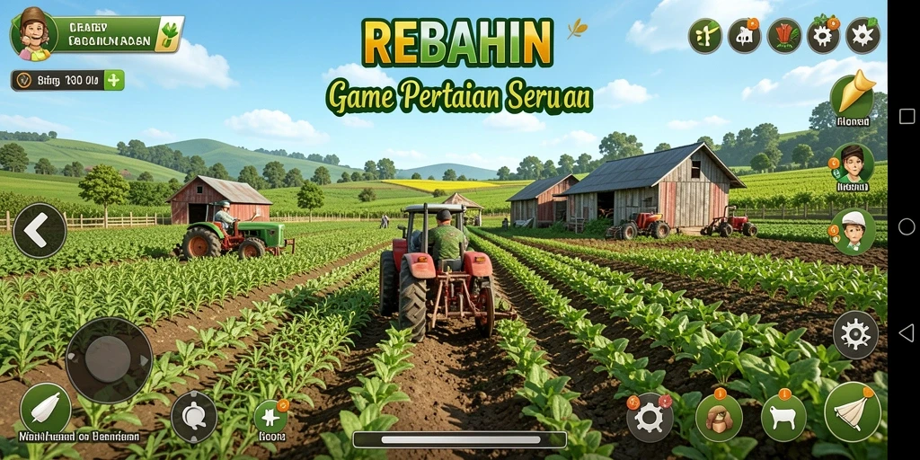 Tampilan screenshot gameplay <strong>REBAHIN</strong> yang menunjukkan ladang yang subur dan hewan ternak.